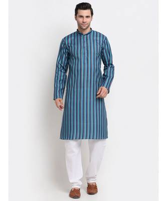 Men Blue Cotton Stripped Straight Kurta 1