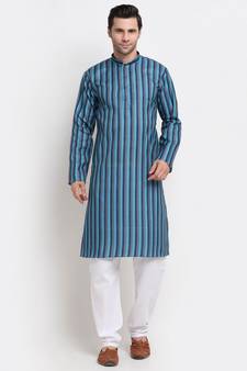 Men Blue Cotton Stripped Straight Kurta