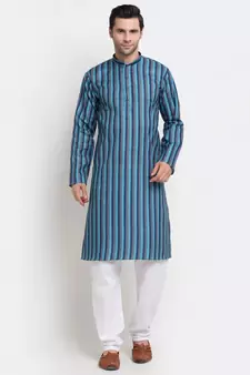 Men Blue Cotton Stripped Straight Kurta