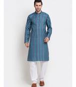 Men Blue Cotton Stripped Straight Kurta
