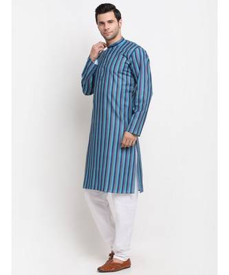 Men Blue Cotton Stripped Straight Kurta 2