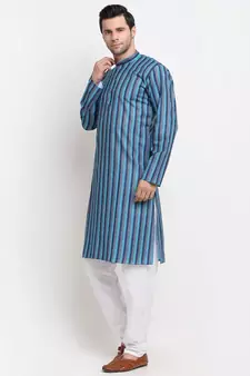 Men Blue Cotton Stripped Straight Kurta