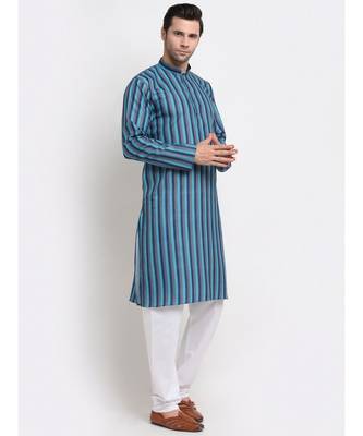 Men Blue Cotton Stripped Straight Kurta 3
