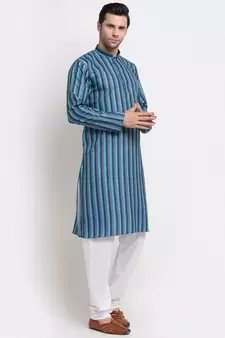 Men Blue Cotton Stripped Straight Kurta