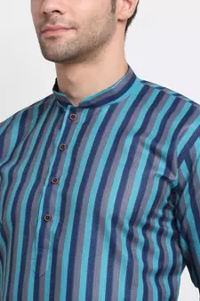 Men Blue Cotton Stripped Straight Kurta