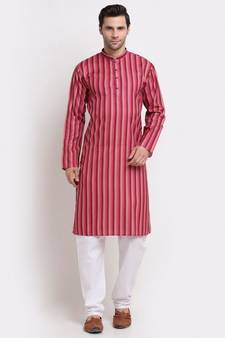 Men Pink Cotton Stripped Straight Kurta