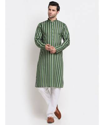 Men Green Cotton Stripped Straight Kurta 1