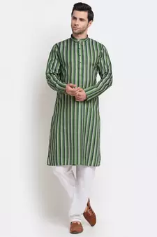 Men Green Cotton Stripped Straight Kurta