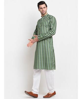 Men Green Cotton Stripped Straight Kurta 2