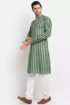 Men Green Cotton Stripped Straight Kurta