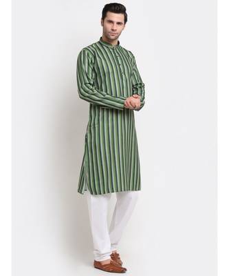 Men Green Cotton Stripped Straight Kurta 3