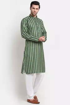 Men Green Cotton Stripped Straight Kurta