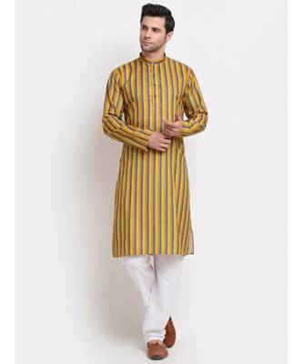 Men yellow Cotton Stripped yellow Kurta 1