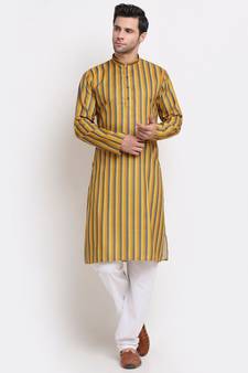 Men yellow Cotton Stripped yellow Kurta