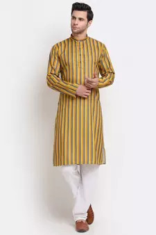 Men yellow Cotton Stripped yellow Kurta