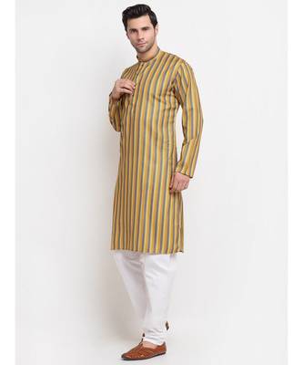 Men yellow Cotton Stripped yellow Kurta 2
