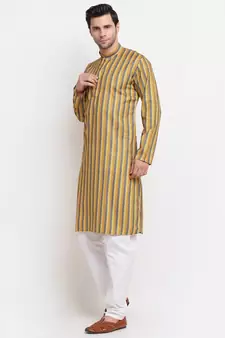 Men yellow Cotton Stripped yellow Kurta