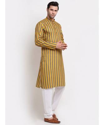 Men yellow Cotton Stripped yellow Kurta 3