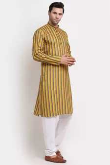 Men yellow Cotton Stripped yellow Kurta