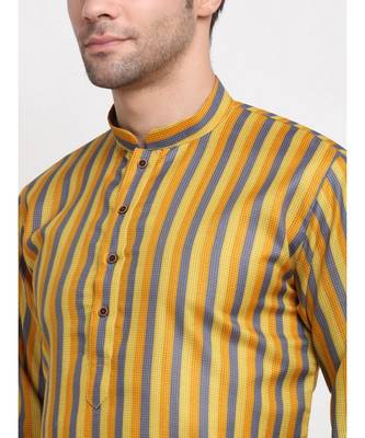 Men yellow Cotton Stripped yellow Kurta 4