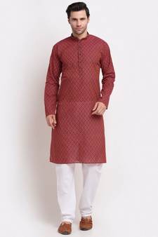 Men Red Cotton Printed Straight Kurta