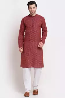 Men Red Cotton Printed Straight Kurta