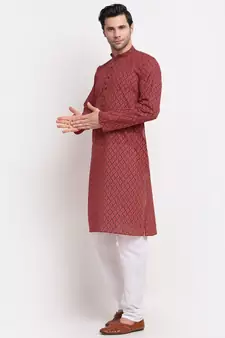Men Red Cotton Printed Straight Kurta