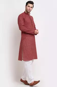 Men Red Cotton Printed Straight Kurta