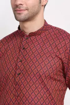 Men Red Cotton Printed Straight Kurta