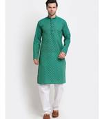 Men Green Cotton Printed Straight Kurta