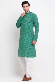 Men Green Cotton Printed Straight Kurta