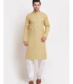 Men Yellow Cotton Printed Straight Kurta