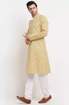 Men Yellow Cotton Printed Straight Kurta