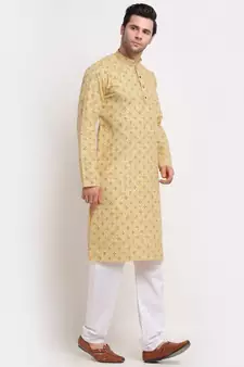 Men Yellow Cotton Printed Straight Kurta