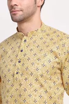 Men Yellow Cotton Printed Straight Kurta