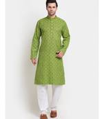 Men Green Cotton Printed Straight Kurta