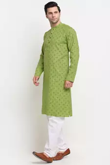 Men Green Cotton Printed Straight Kurta