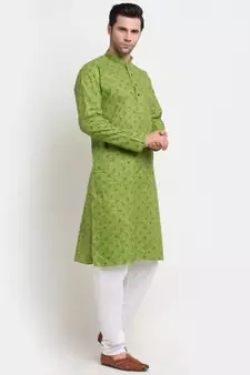 Men Green Cotton Printed Straight Kurta