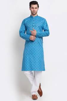 Men Blue Cotton Printed Straight Kurta