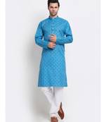 Men Blue Cotton Printed Straight Kurta