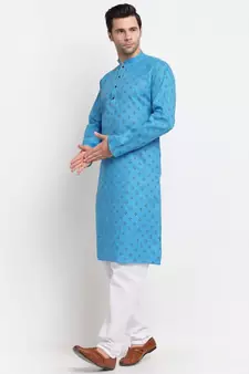 Men Blue Cotton Printed Straight Kurta