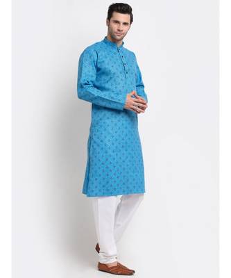 Men Blue Cotton Printed Straight Kurta 3