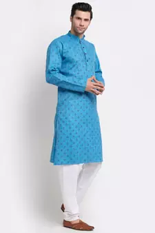 Men Blue Cotton Printed Straight Kurta