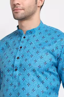 Men Blue Cotton Printed Straight Kurta