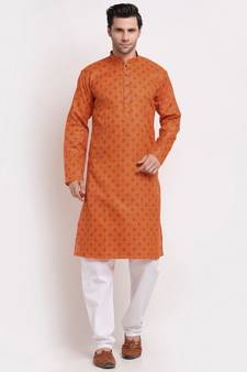 Men Orange Cotton Printed Straight Kurta