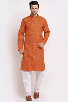 Men Orange Cotton Printed Straight Kurta