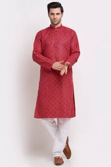 Men Pink Cotton Printed Straight Kurta