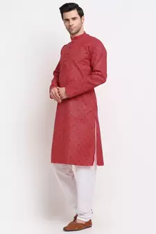 Men Pink Cotton Printed Straight Kurta
