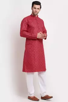 Men Pink Cotton Printed Straight Kurta