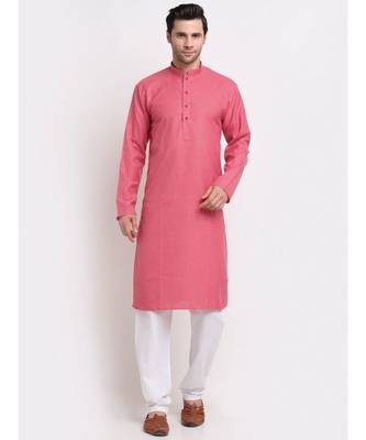 Men Pink Cotton Check Straight Kurta 1